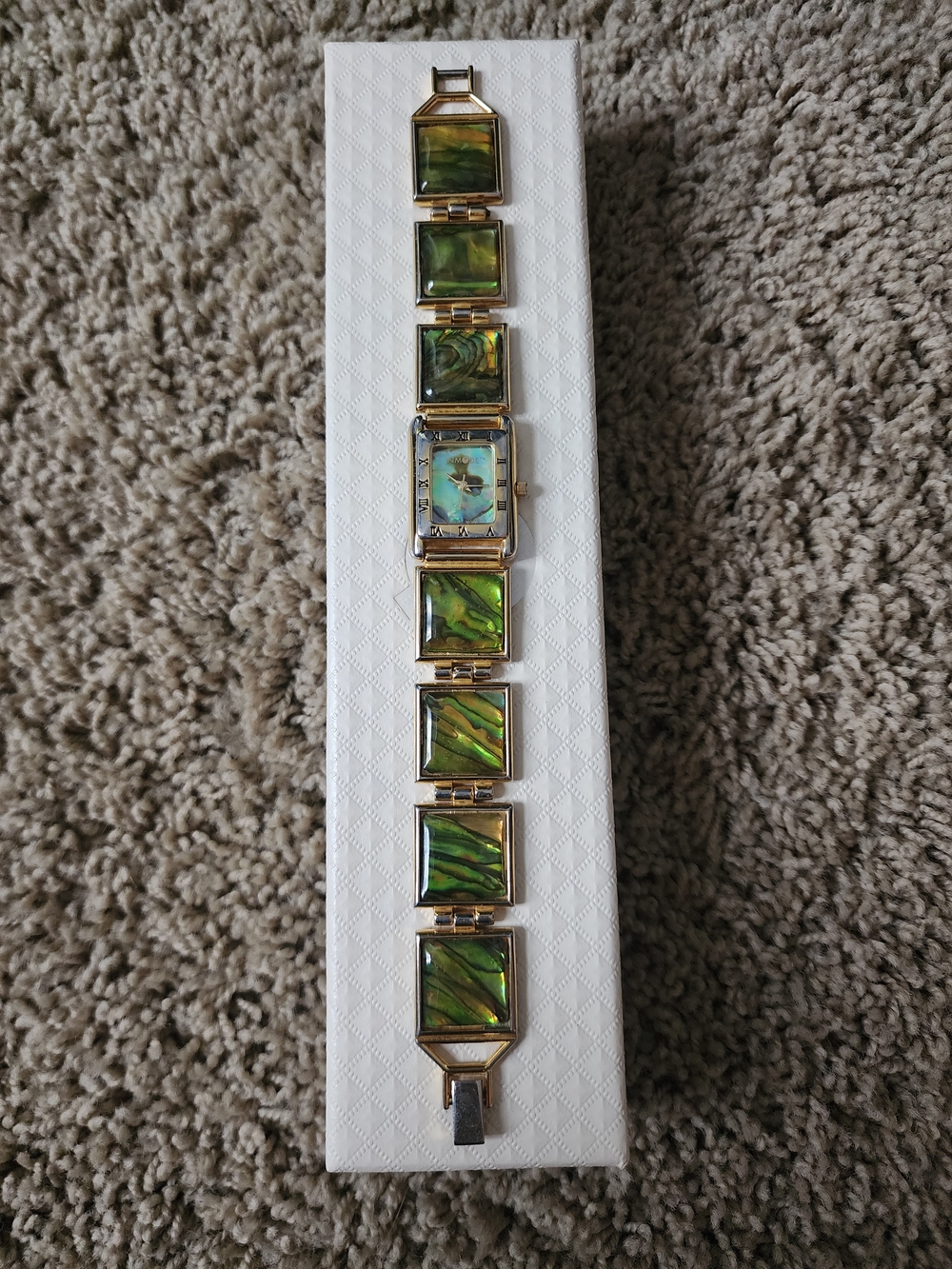 Gold-Tone Bracelet Watch with Green Abalone Inlay